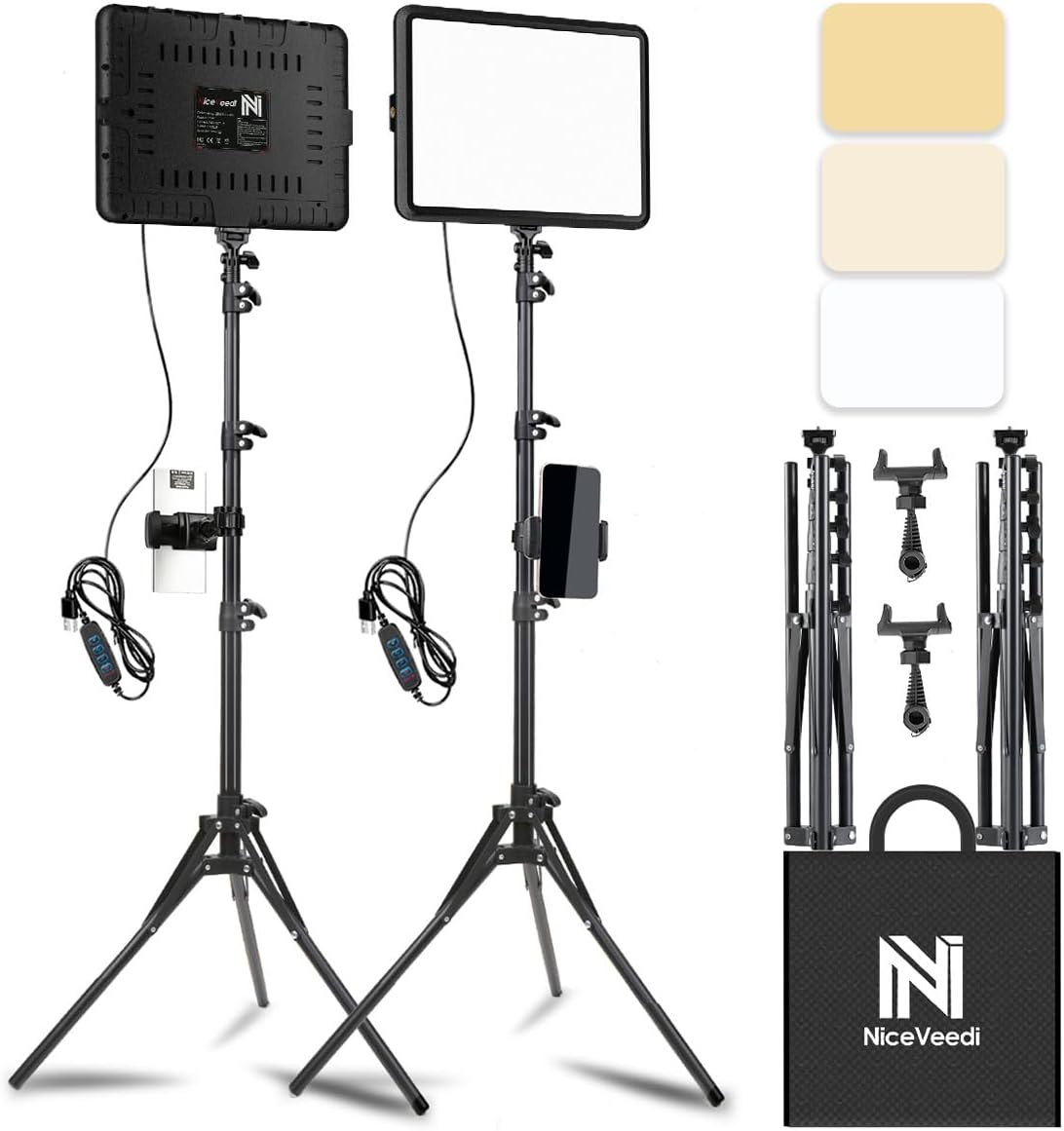 2-Pack LED Video Light Kit, NiceVeedi Studio Light, 2800-6500K Dimmable Photography Lighting Kit with Tripod Stand&Phone Holder, 73" Stream Light for Video Recording, Game Streaming, YouTube…