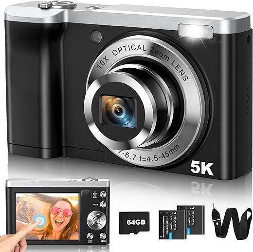 5K Digital Camera 2024 Upgraded 10X Optical Vlogging Camera with Front and Rear Lens, 56MP AutoFocus Cameras for Photography, Touch Screen, Flash, Compact Travel Camera with 64GB Card, 2 Batteries