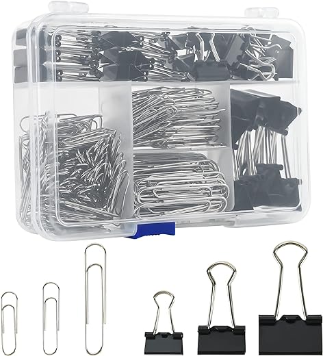 Binder Clips Paper Clips Assorted Sizes, 340pcs Black Binder Clips Jumbo Paperclips Set, Large Paper Clips for Office, School Supplies, Binder & Paper Clips in Container with Compartments