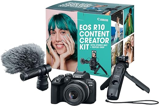 Canon EOS R10 Content Creator Kit - Mirrorless Vlogging Camera, 24.2 MP, 4K Video, DIGIC X Image Processor, RF-S18-45mm F4.5-6.3 is STM Lens - Stereo Microphone, Tripod Grip, Wireless Remote Control