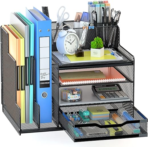 Desk Organizer with Mesh File Holder, 4-Tier Office Supplies Desk Organizers and Accessories with Sliding Drawers & Pen Holder, Desk File Organizer and Storage for Office, School, Home, Black