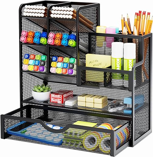 Marbrasse Mesh Pen Holder for Desk, Desk Organizer with Drawer, Multi-Functional Pencil Organizer, Desk Organizers and Accessories for Office Art Supplies (Black)