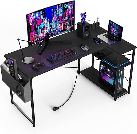 Small Computer Desk with Power Outlets, 40 Inch L Shaped Desk with Reversible Shelves, Gaming Desk Corner Desk Study Writing Table for Home Office Bedroom Living Room, Black