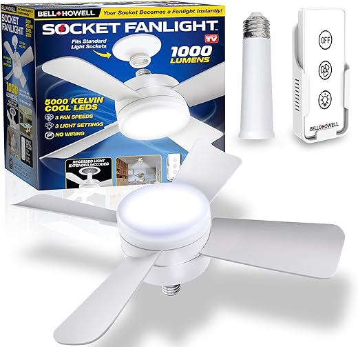 Socket Fan Light Original - Cool Light LED – Ceiling Fans with Lights and Remote Control, Replacement for Lightbulb - Bedroom, Kitchen, Living Room,1000 Lumens / 5000 Kelvins As Seen On TV