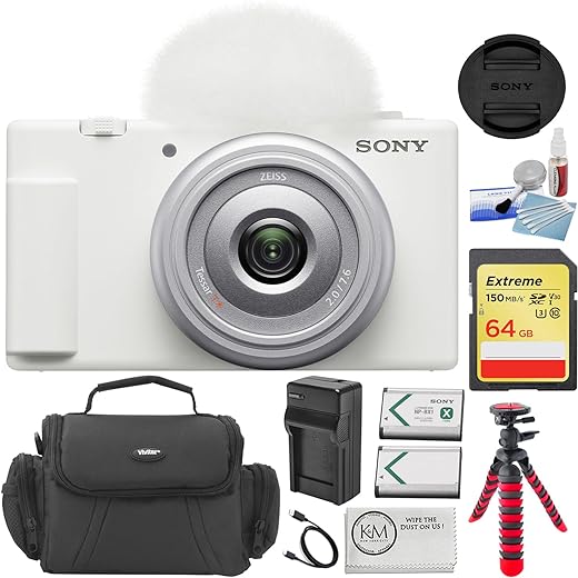 Sony ZV-1F Vlogging Camera | White Bundle with 64GB Memory Card + Cleaning Cloth + 12" Flexipod + Spare Battery & Charger + Camera Bag + 5-Piece Cleaning Kit (8 Items)